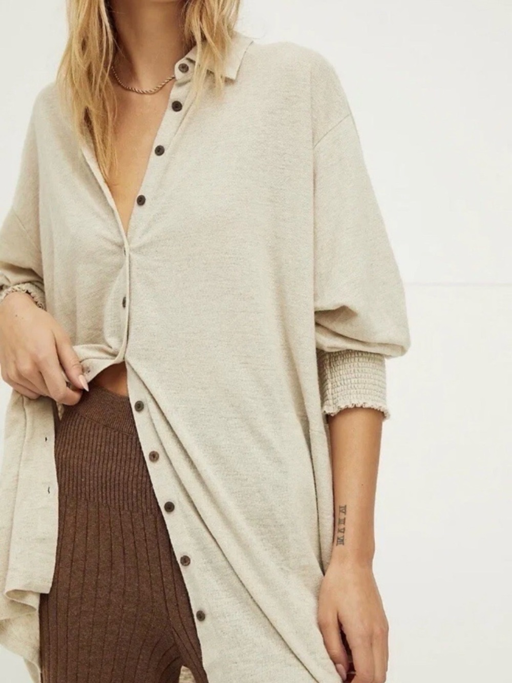 Free People Oversized Button-Front Shirt Dress in Beige - Picture 2 of 6